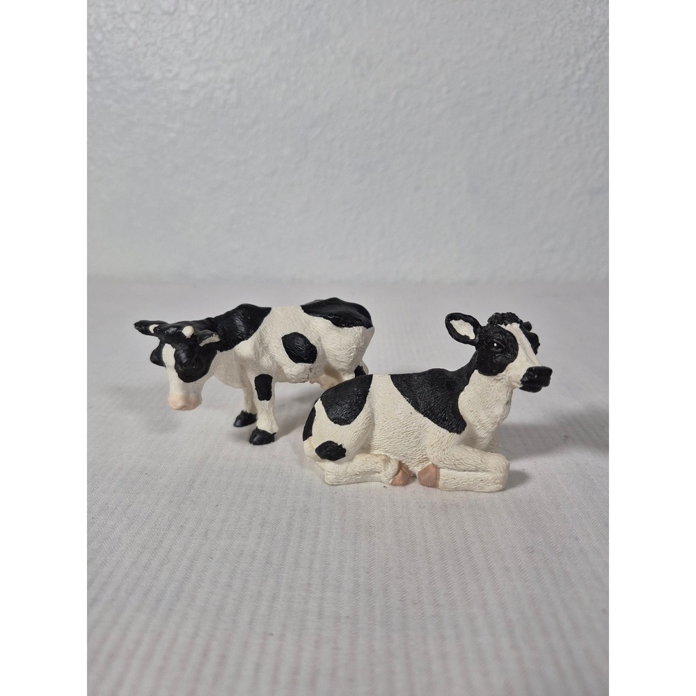 Miniature Holstein Cow and Calf Figurine Set Black White Farm Animal Decor